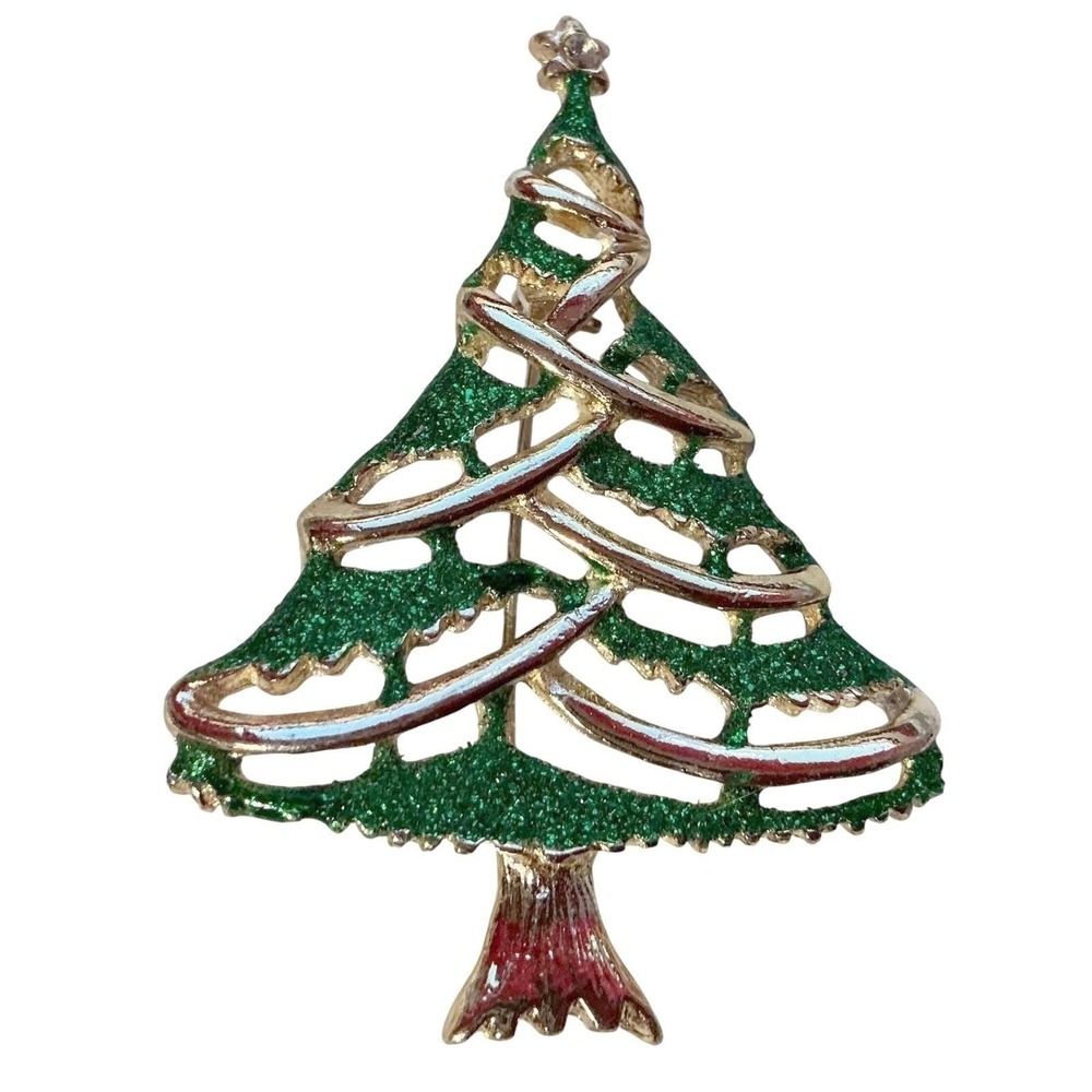 Vintage Christmas Tree Brooch Green Enamel Holiday Pin Gold-Tone Festive Jewelry